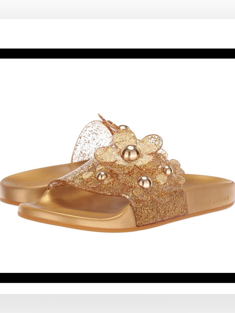 Marc Jacobs Gold Glitter Flower Slide Sandals